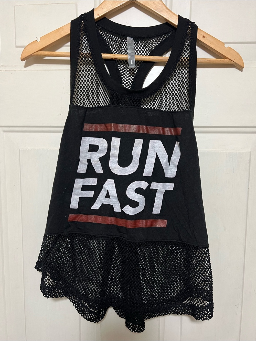 RUN FAST Black Mesh Racerback Workout Tank Size L Athletic Graphic Top